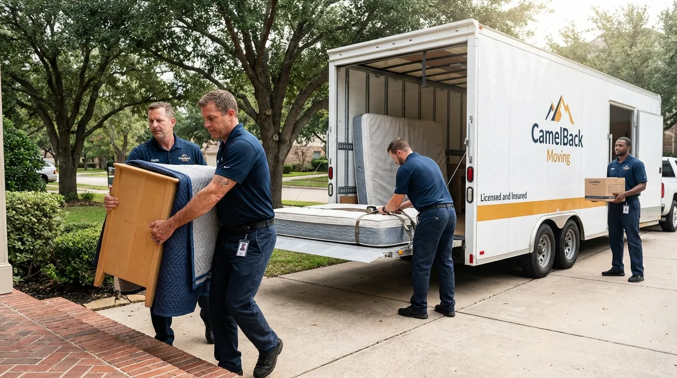Crew loading residential truck for cross-state move from Concord, CA