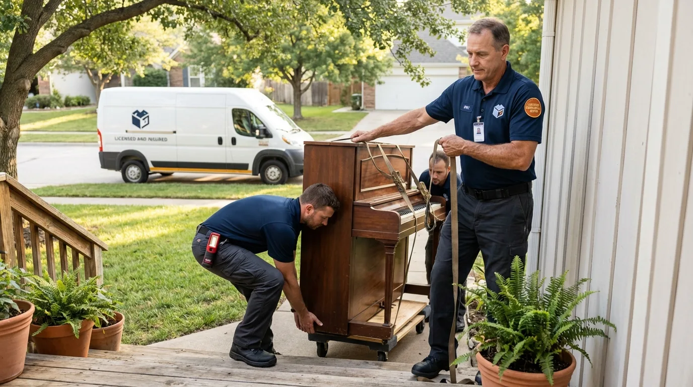 Licensed piano movers securing grand piano in Concord, CA