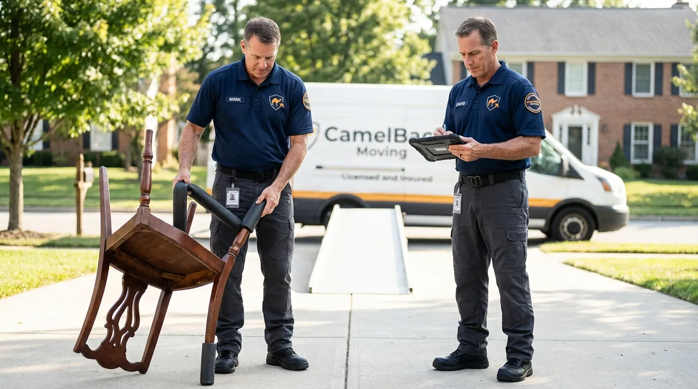 Movers inspecting furniture for damage prevention before loading in Concord, CA