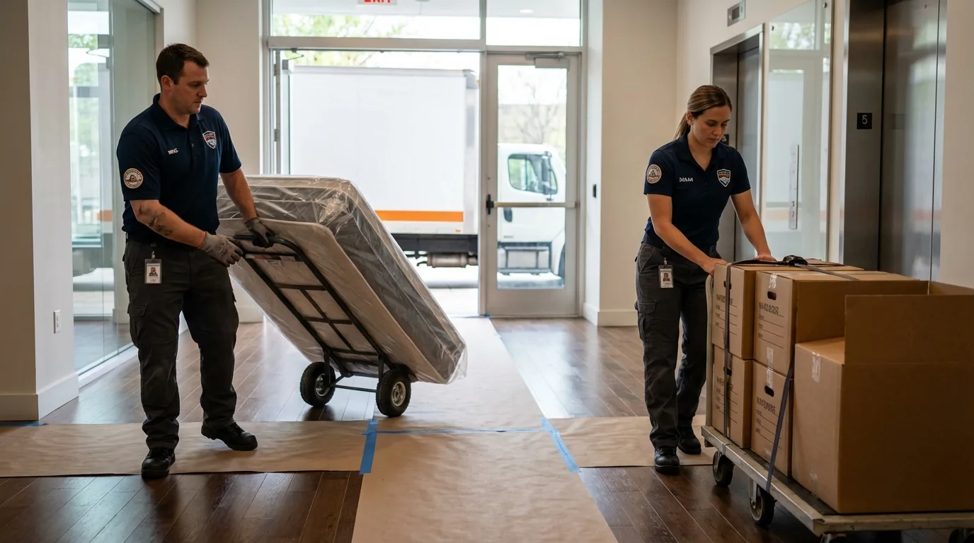 Professional apartment movers loading elevator in Concord, CA